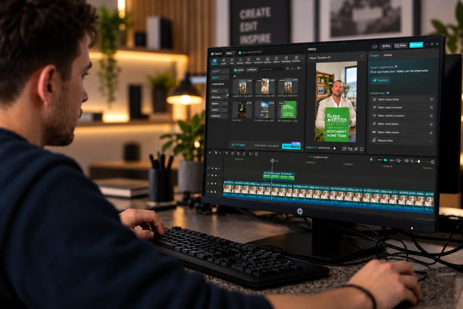 Video editing workspace with footage and a timeline on screen